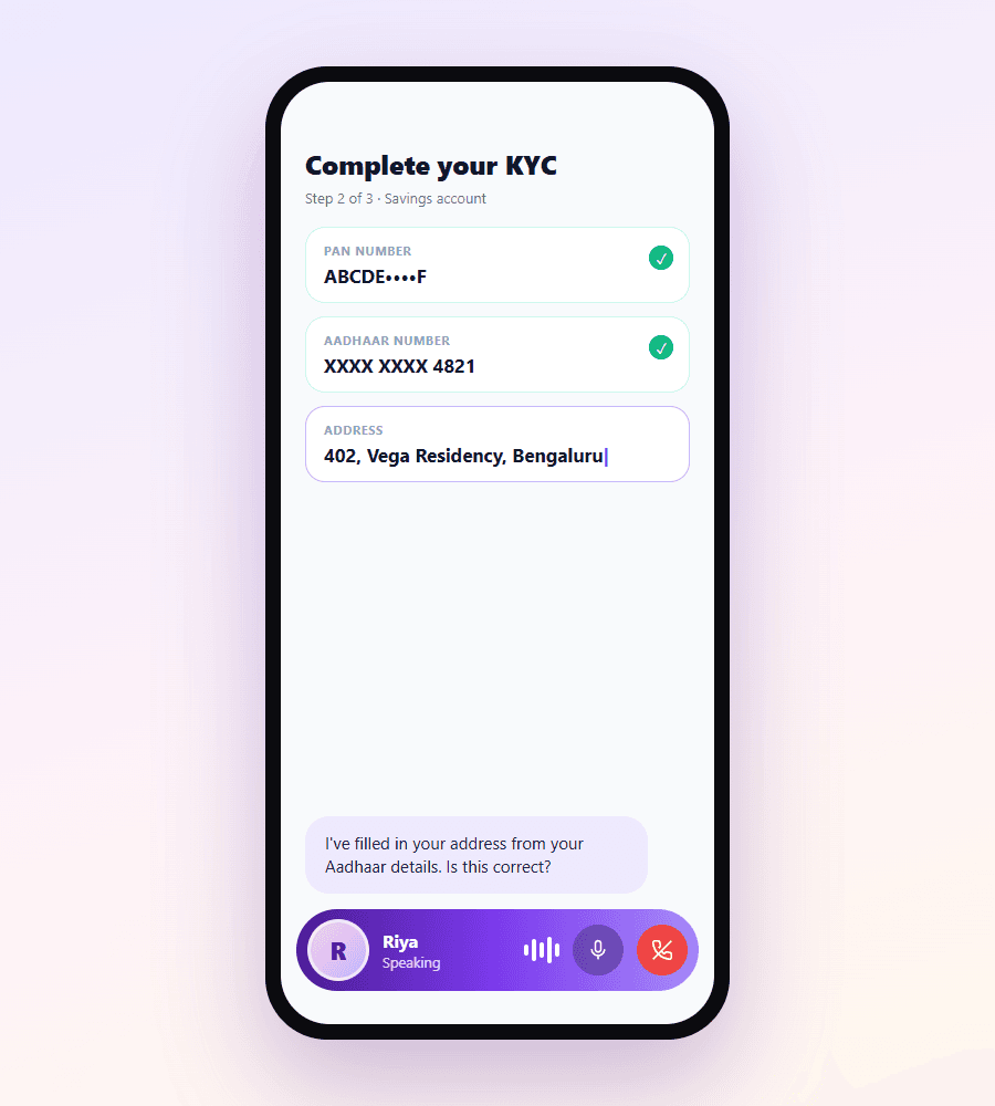 A KYC screen in a mobile app with a voice call bar at the bottom: the agent Riya is speaking, and a caption says it filled the address from the customer's Aadhaar details